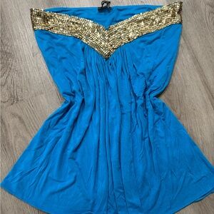 Elegant Blue strapless Y2K vintage top with Gold Accents a couple missing beads